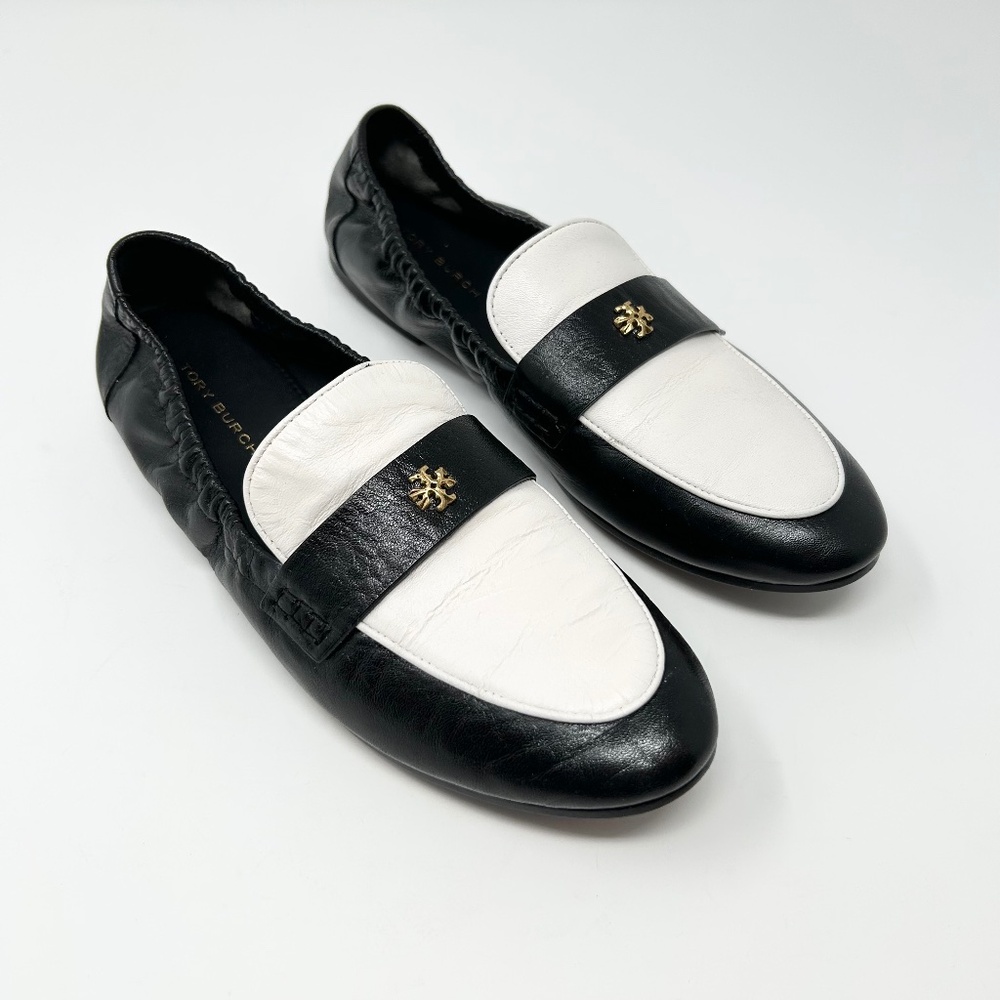 Tory Burch Black and White Leather Ballet Loafers Size 6.5 Preppy!